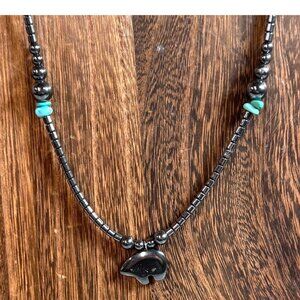 Hematite Turquoise Beaded Necklace Bear Pendant 19" Handcrafted Southwestern Vtg